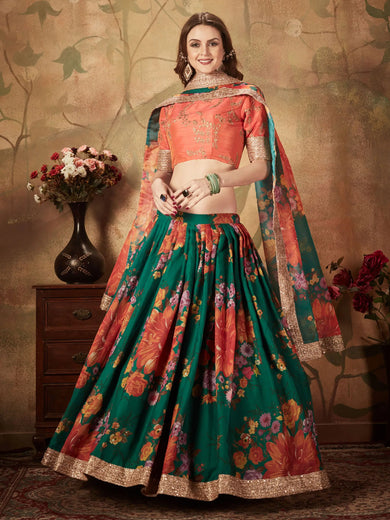 Sabyasachi Green-Orange Floral Digital Printed Organza Bridal Lehenga Choli
